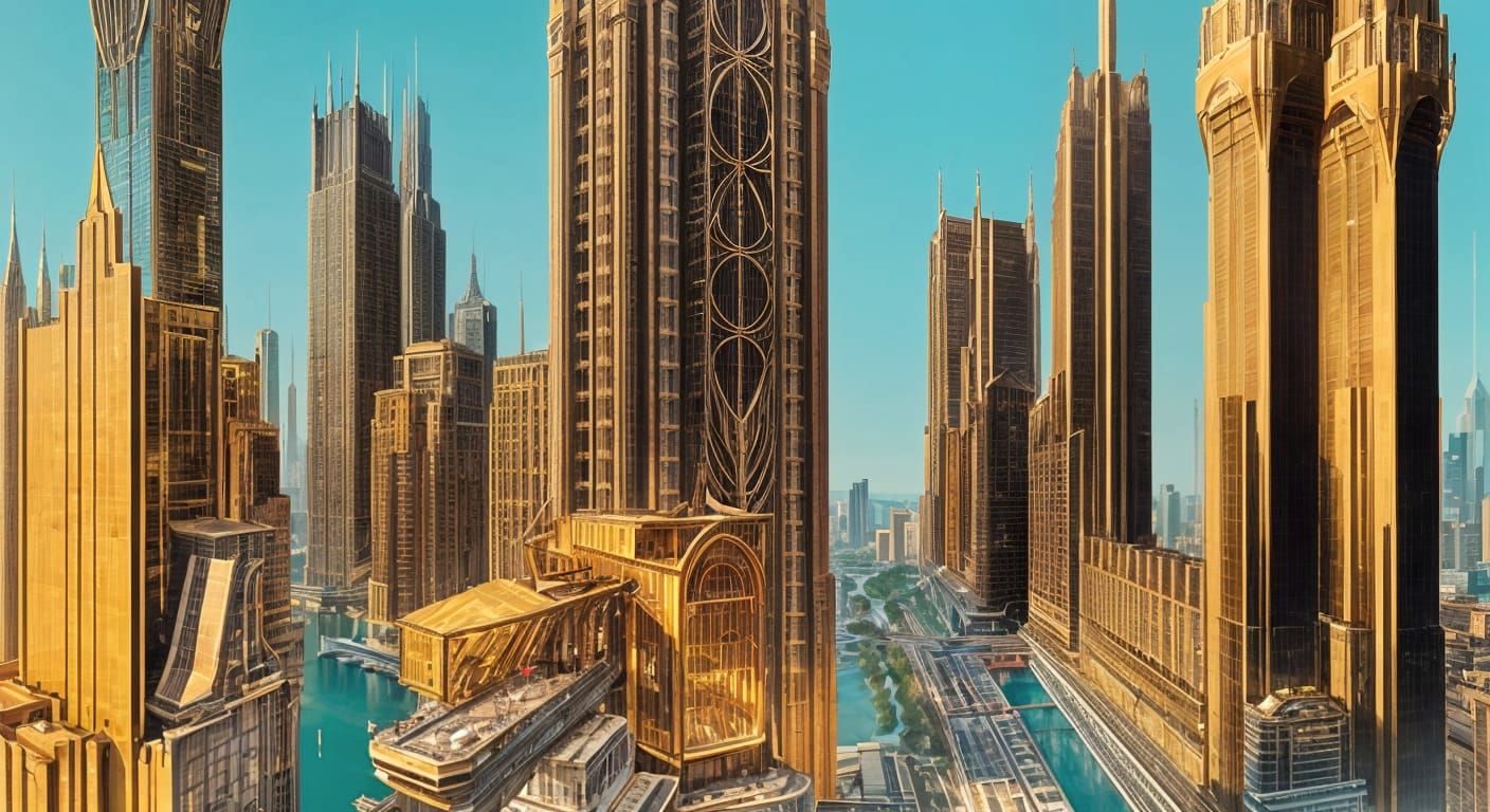 Art Deco Retrofuturist Cityscape in Bronze and Teal