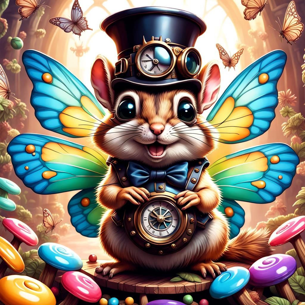 Steampunk Chipmunk with Butterfly Wings in Candy Art