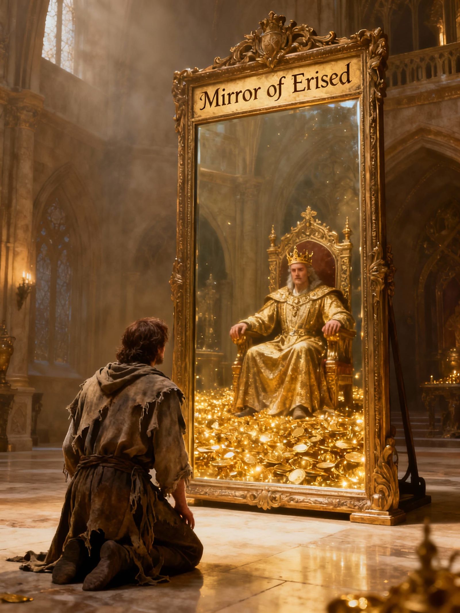 Man in Rags Sees King Reflected in Mirror