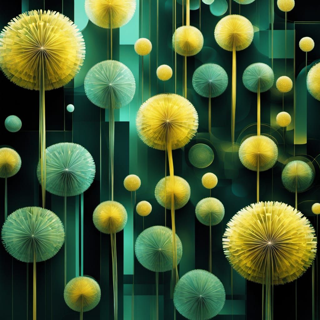 Geometric Cubist Dandelions in Glass-Like Transparency