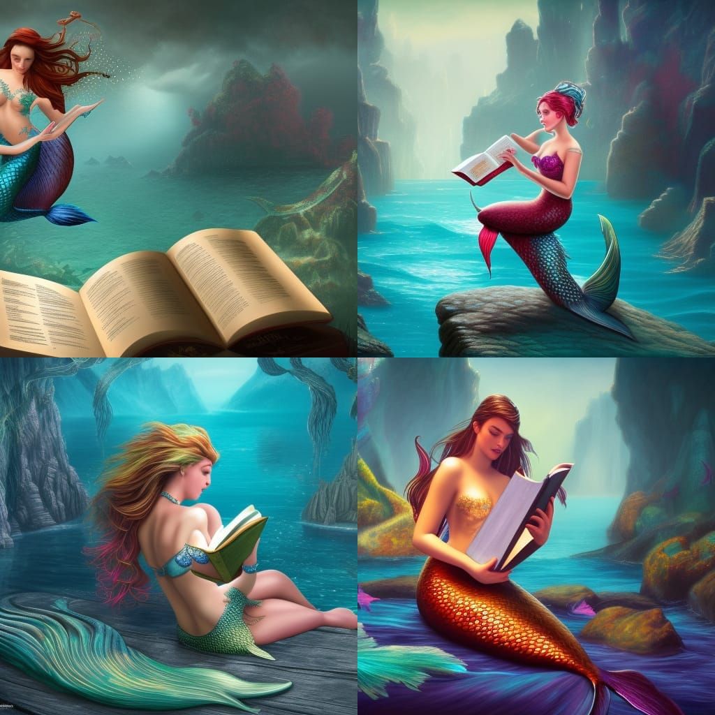 Fantastical Mermaids Reading and Dancing: Detailed Matte Pai...