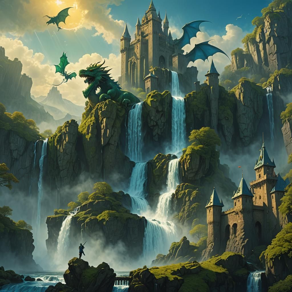 Majestic Castle with Dragon in Beksiński Style