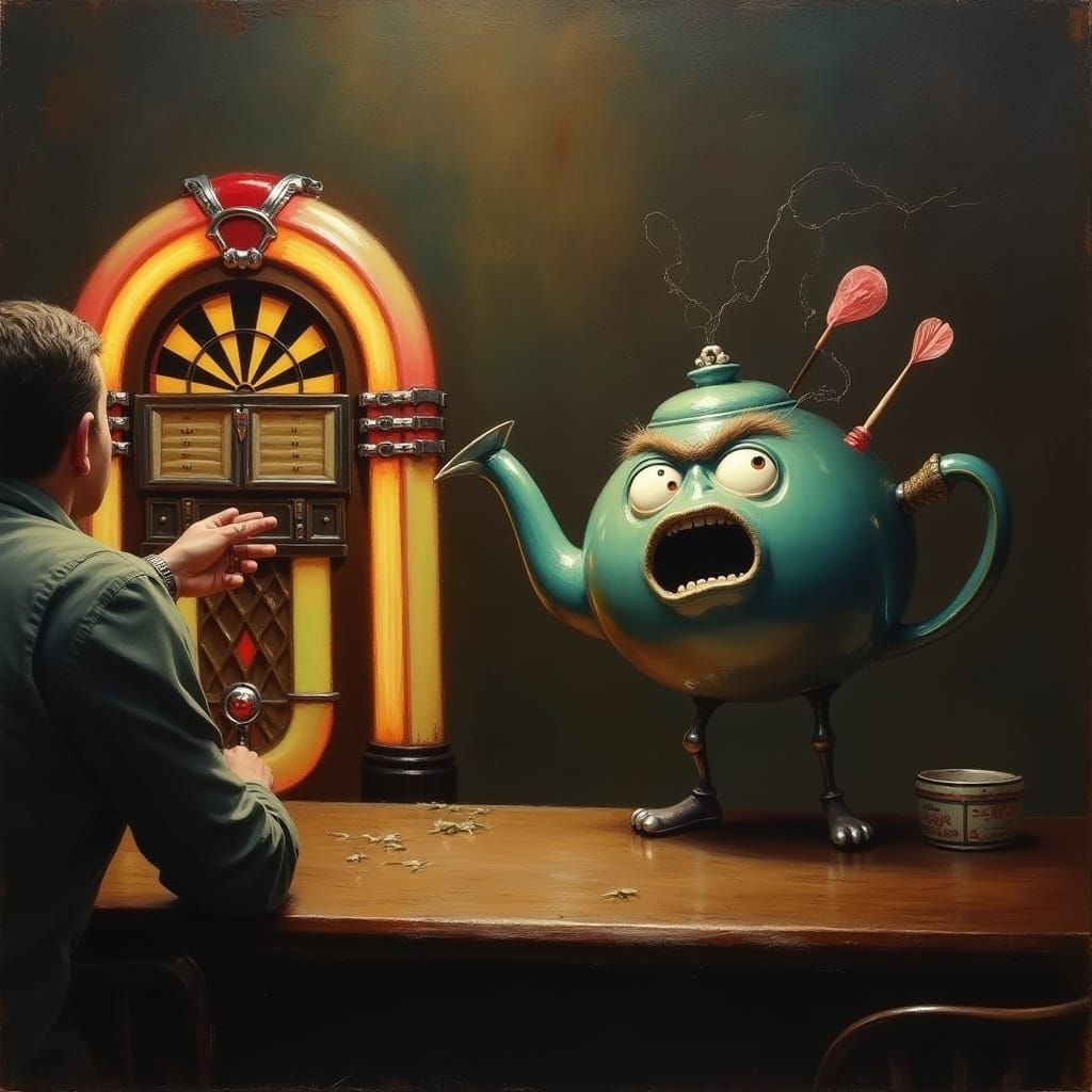 A jukebox in the background. A drunk and angry bar customer ...