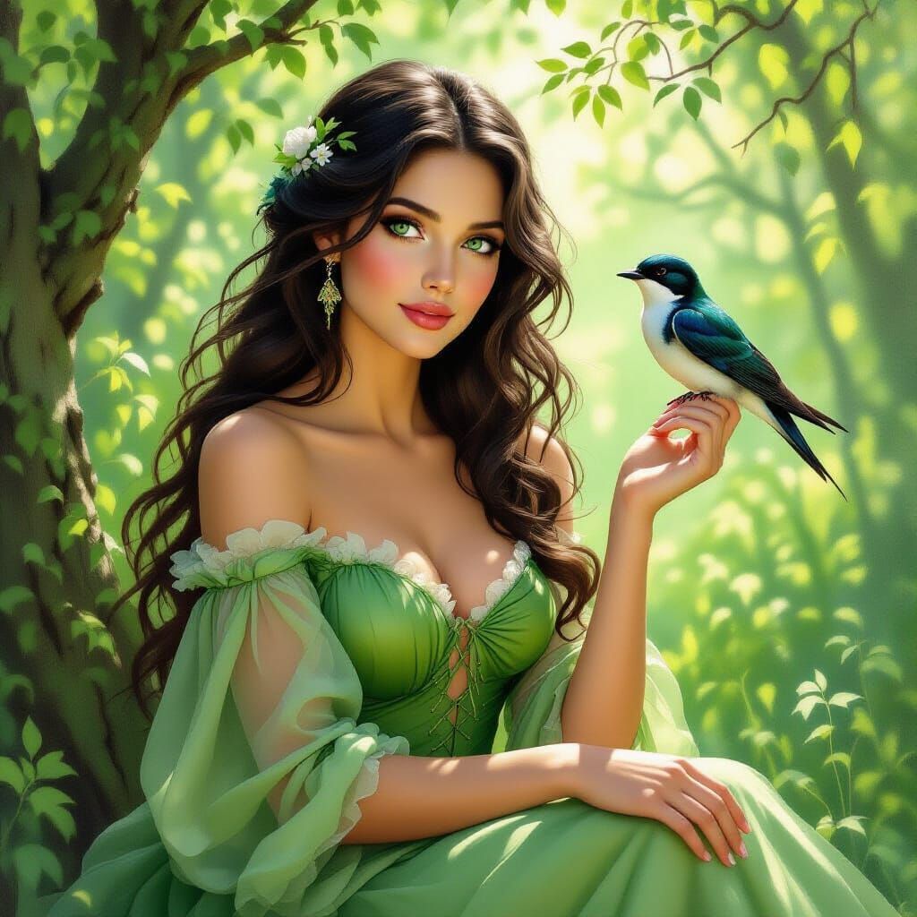 Spring Personified Woman with Swallow in Ethereal Oil Painti...
