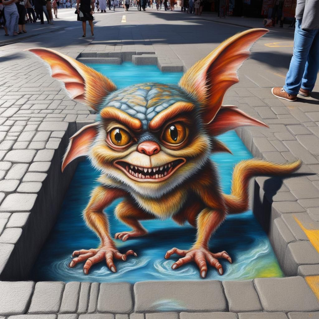 Hyperrealistic 3D Pavement Art of a Gremlin