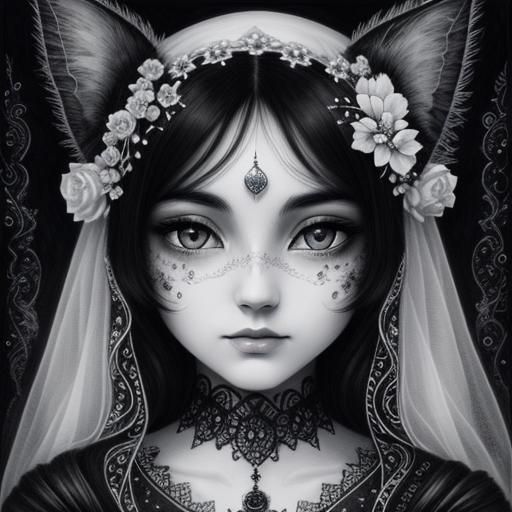 Adorable Black and White Cat Ink Portrait