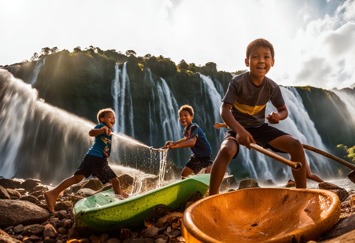 Children Playing Under Waterfall