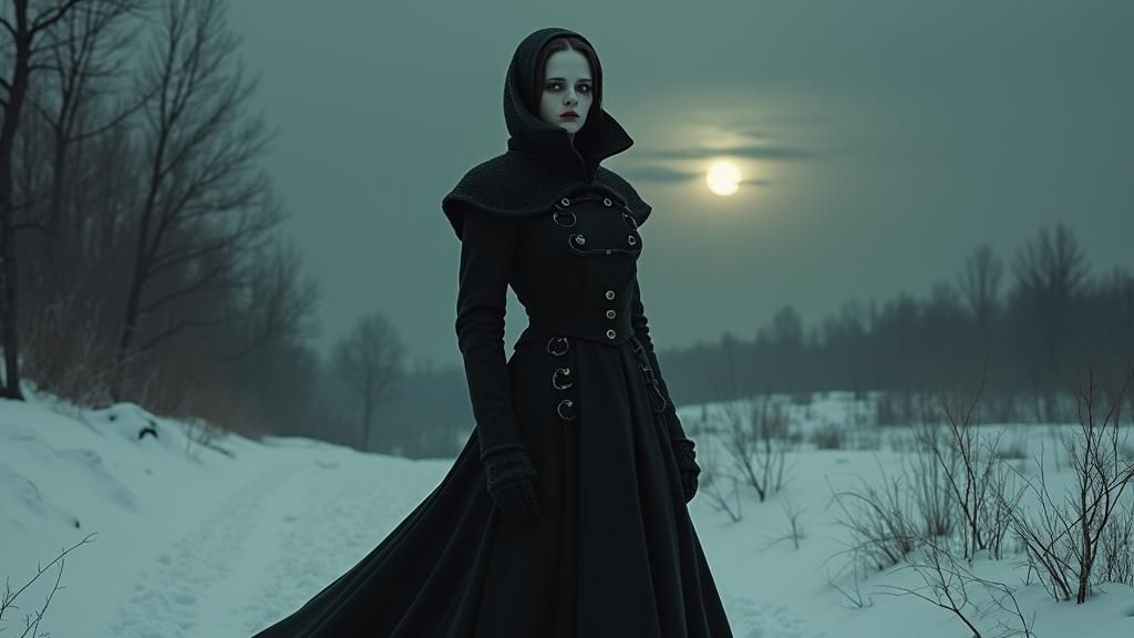 Eerie Woman in Snowy Landscape, Gothic Romanticism Style