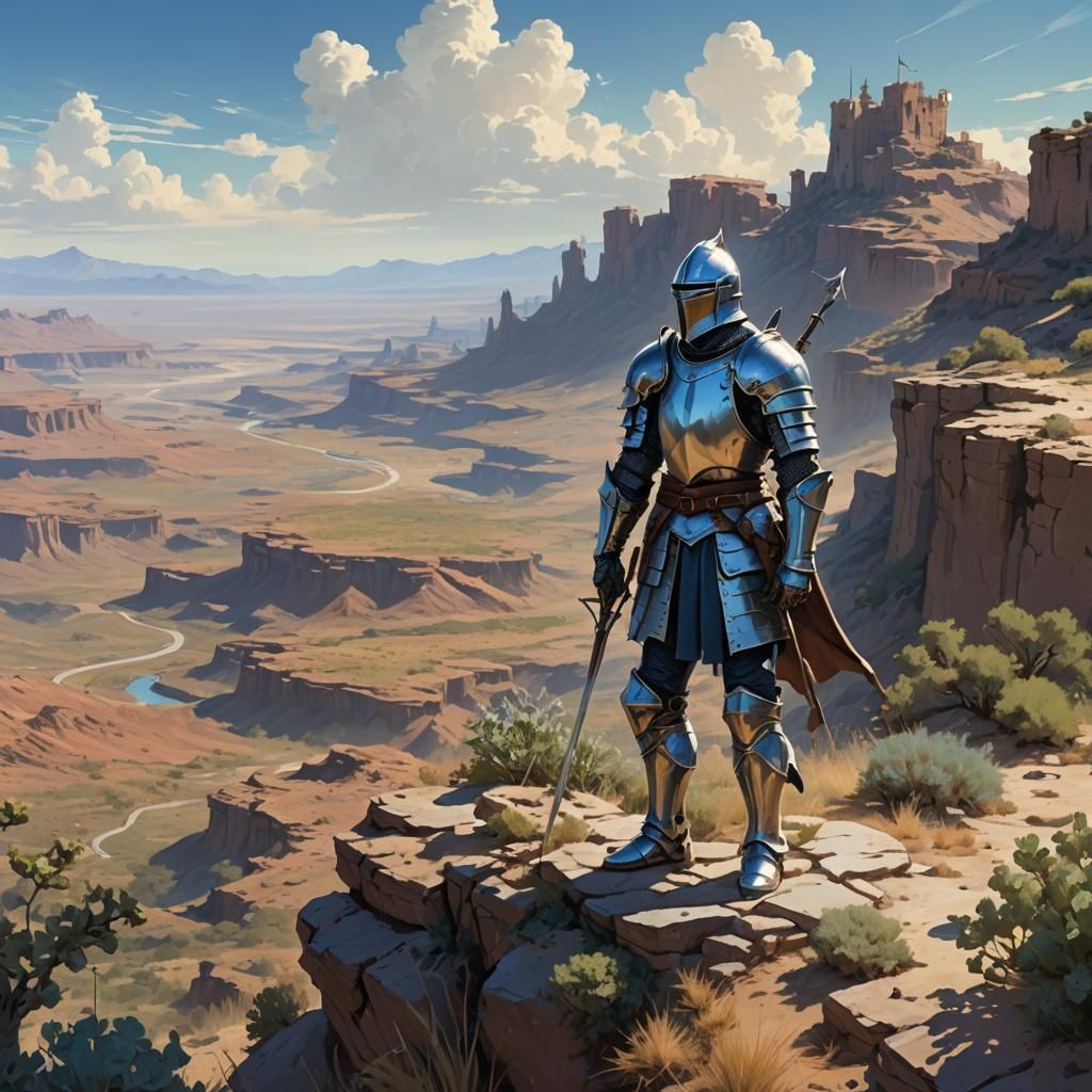 Knight Overlooking Desert in Anime Style