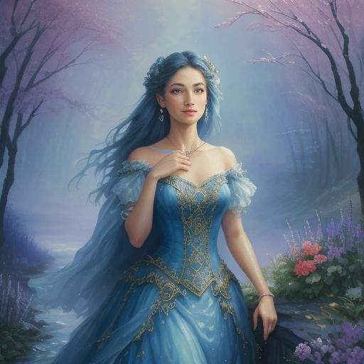 Ethereal Girl in Blue Dress: Figurative Art