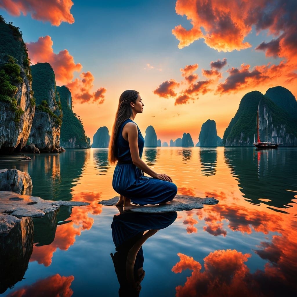 Dreamlike Ha Long Bay Goddess in Vibrant Surrealist Style