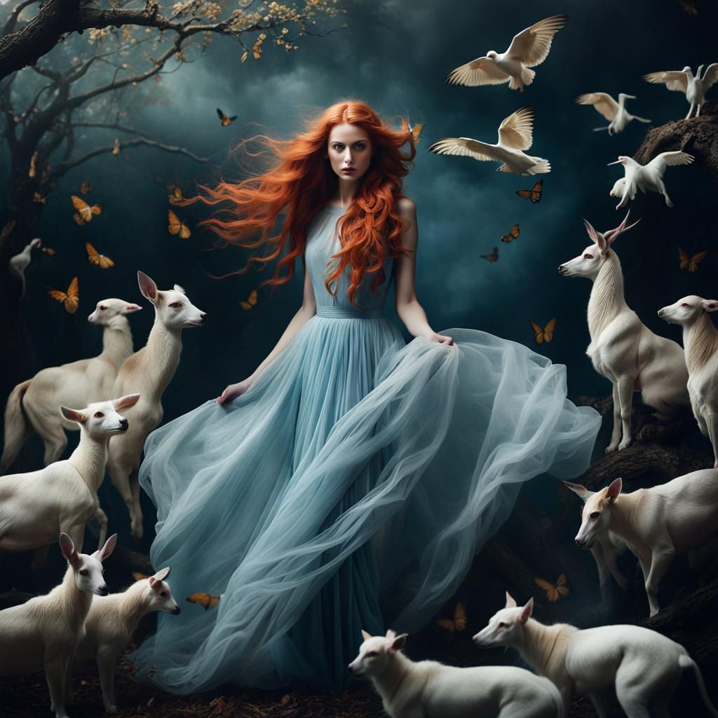 Dreamlike Portrait with Moon and Butterflies