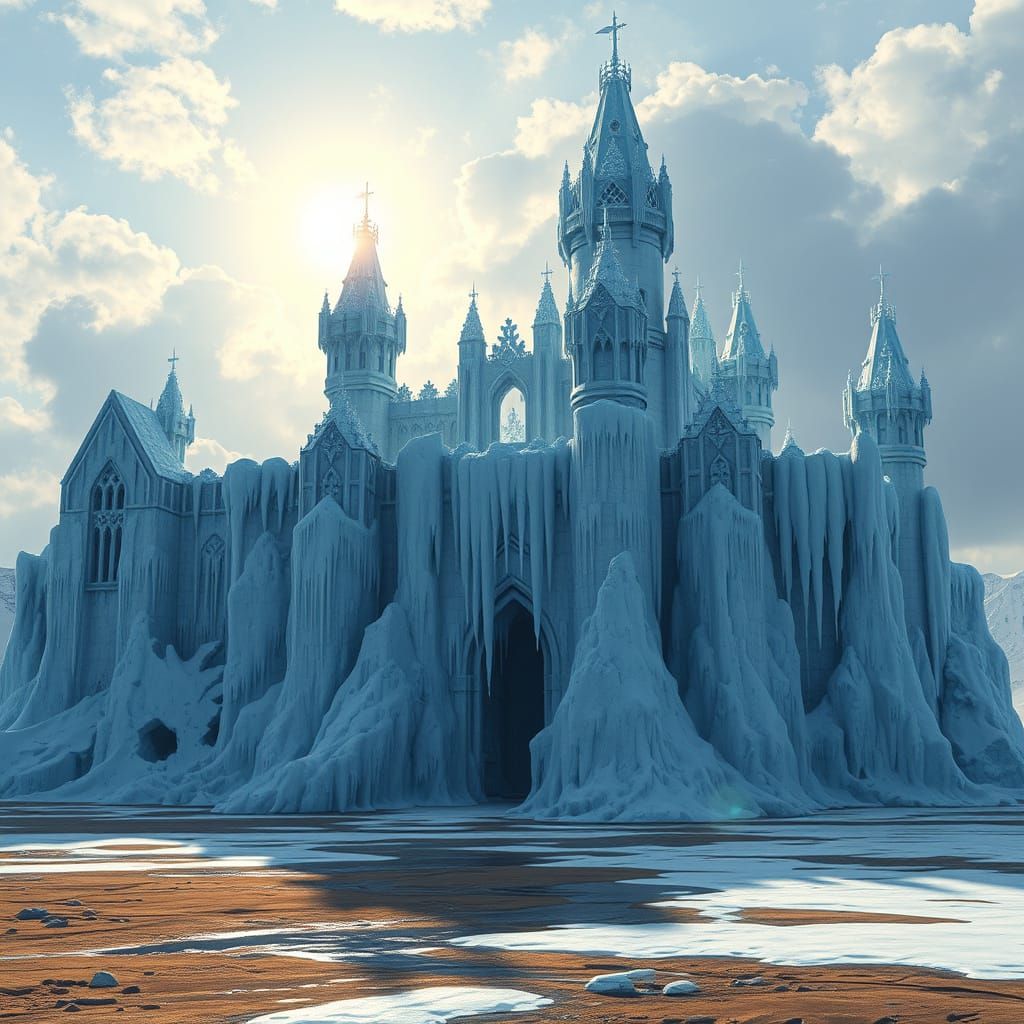 Melting Ice Castle in Hyperrealistic Wasteland