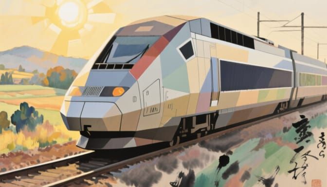Sunlit TGV Train in Impressionist and Sumi-e Fusion