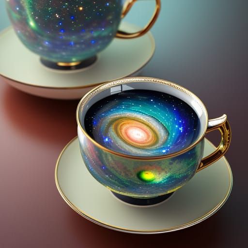 Cosmic Galaxy in Teacup: Holographic Astral Illustration