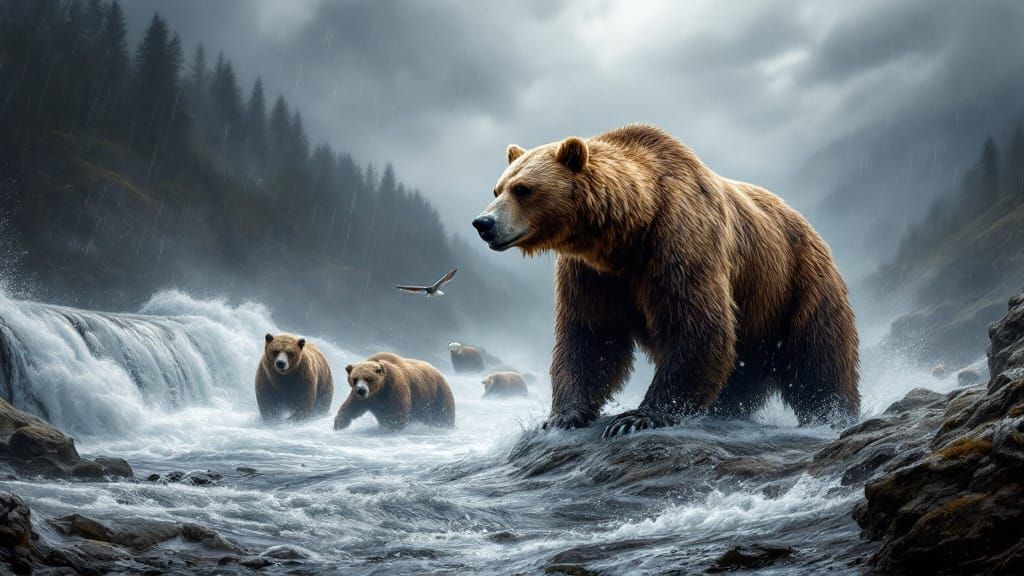 Dominant Alaskan Brown Bear Reigns Over Turbulent Salmon Riv...