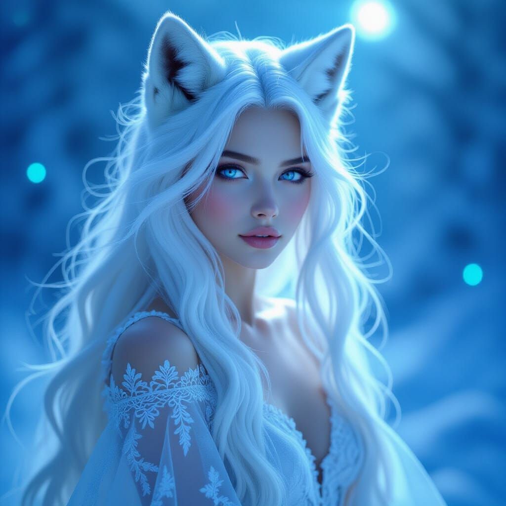 Fairy-Like Arctic Fox Woman with White Hair and Blue Eyes