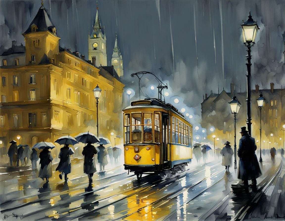 Yellow Tram in Rainy City, Watercolor Style
