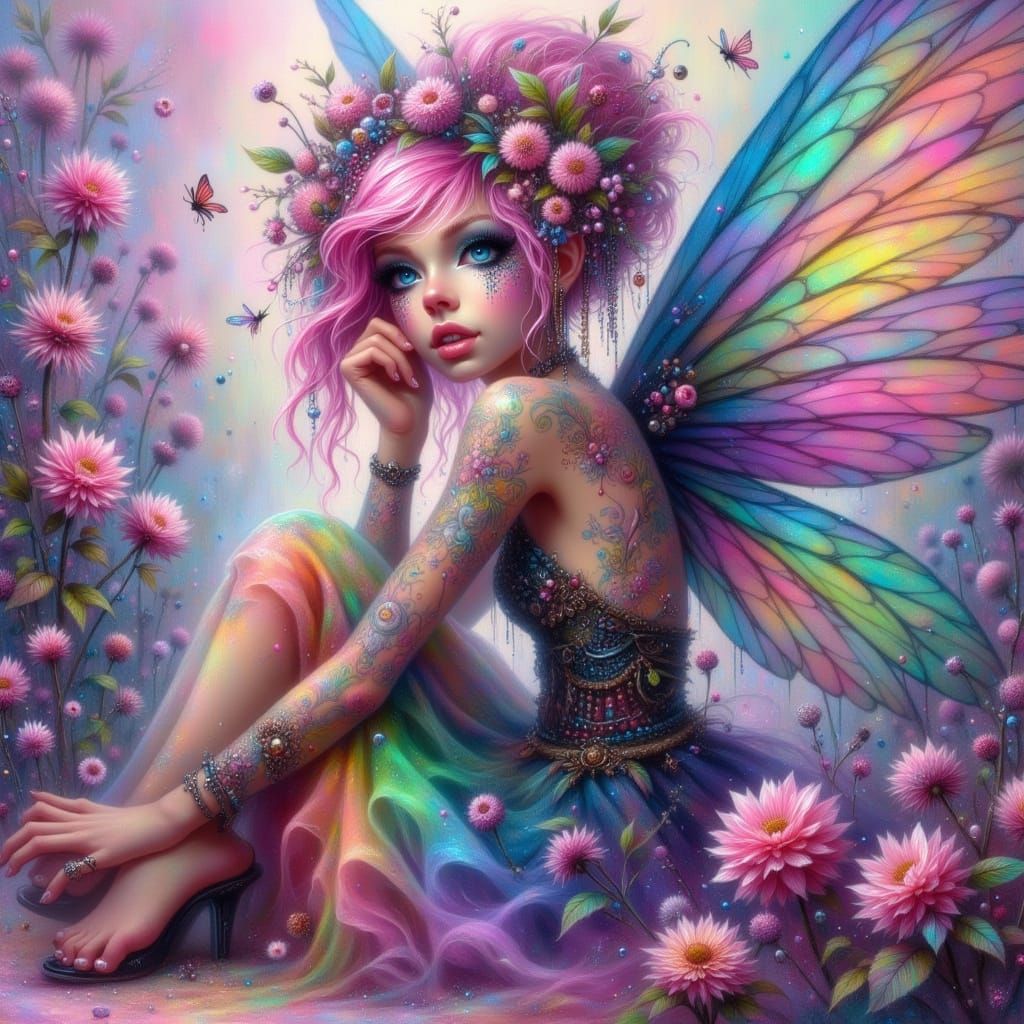 Woman with Purple Eyes in Rainbow Dress with Flowers