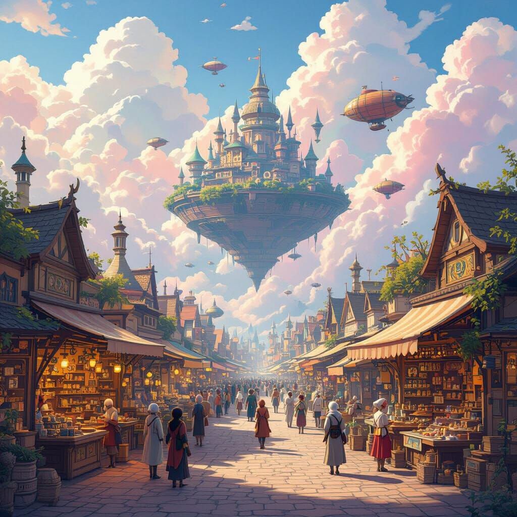 Fantasy Marketplace on Floating Island with Airships