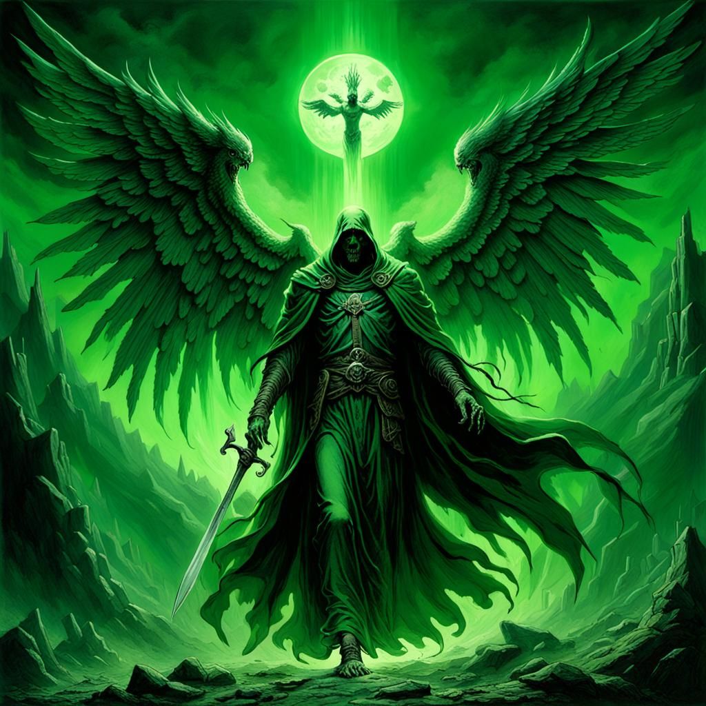 Green Samael: Angel of Death in Gothic Horror Style