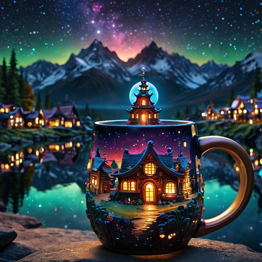 God Holding Village Mug in Retrofuturism Style