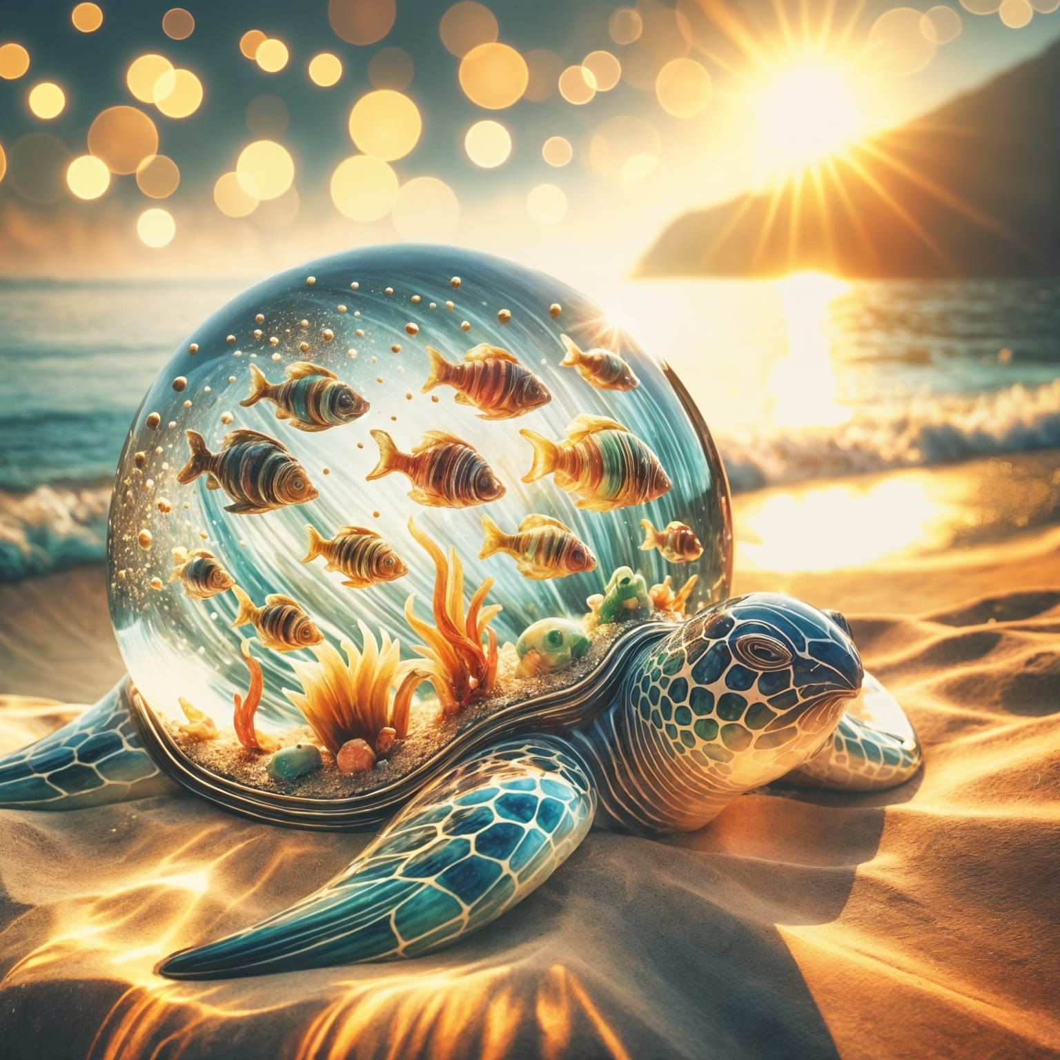 Glass Sea Turtle Adorned with Vibrant Fish Artistry in a Dre...