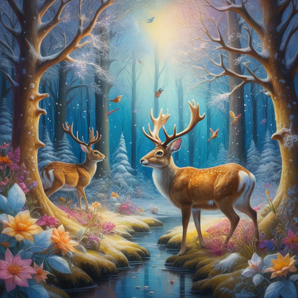 Enchanting Winter Forest Animals in Oil Painting