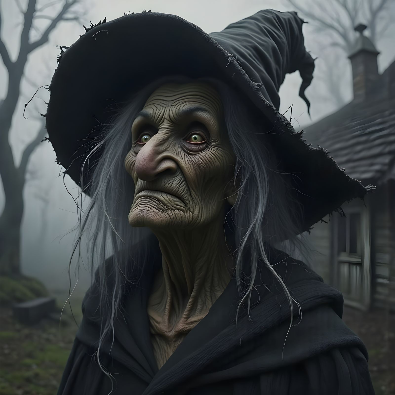 Gnarled Crone in Misty Forest, Fantasy Art