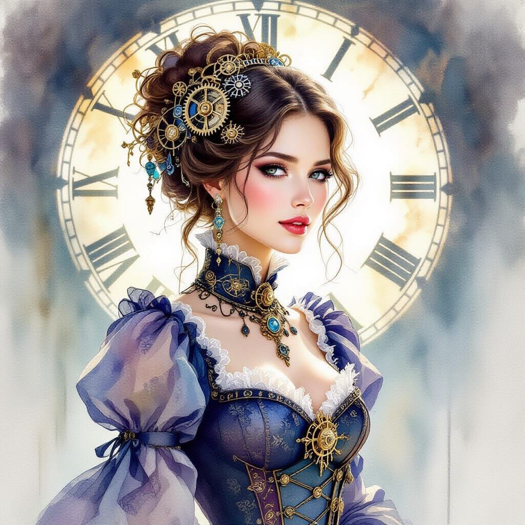 Elegant Steampunk Woman in Dreamlike Watercolor