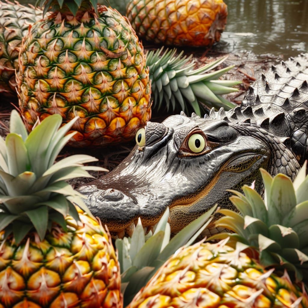 Paranoid Alligator Nervously Eyes Scattered Pineapples