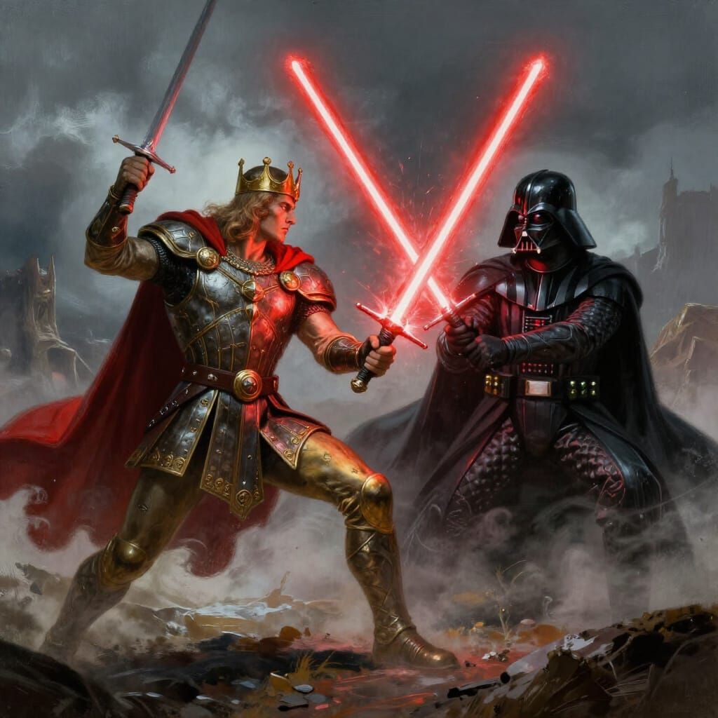 King Arthur Battles Darth Vader in Epic Fantasy Art