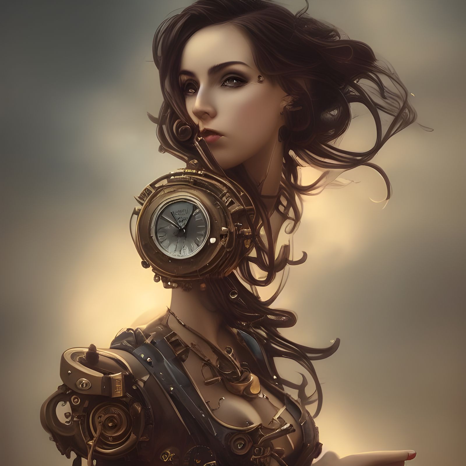 Steampunk Clockwork Woman Portrait in Dieselpunk Style