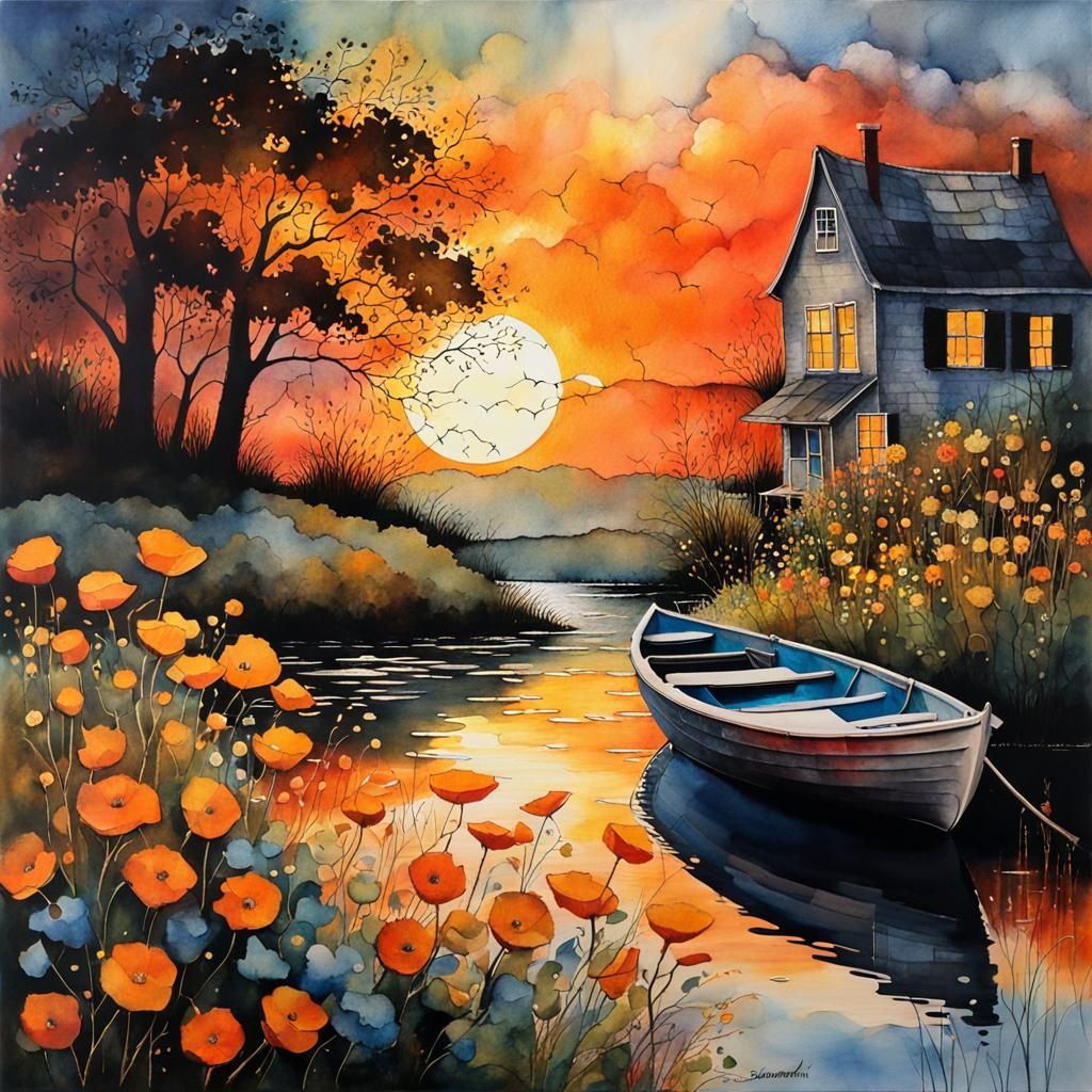 River Sunset in Cracked Paper Watercolor Art