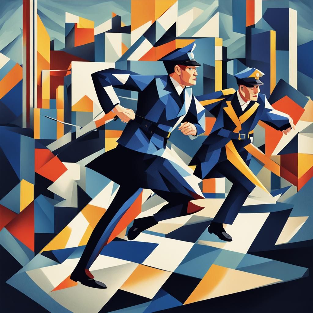 1920s British Policewoman Chasing Thief in Cubist Style