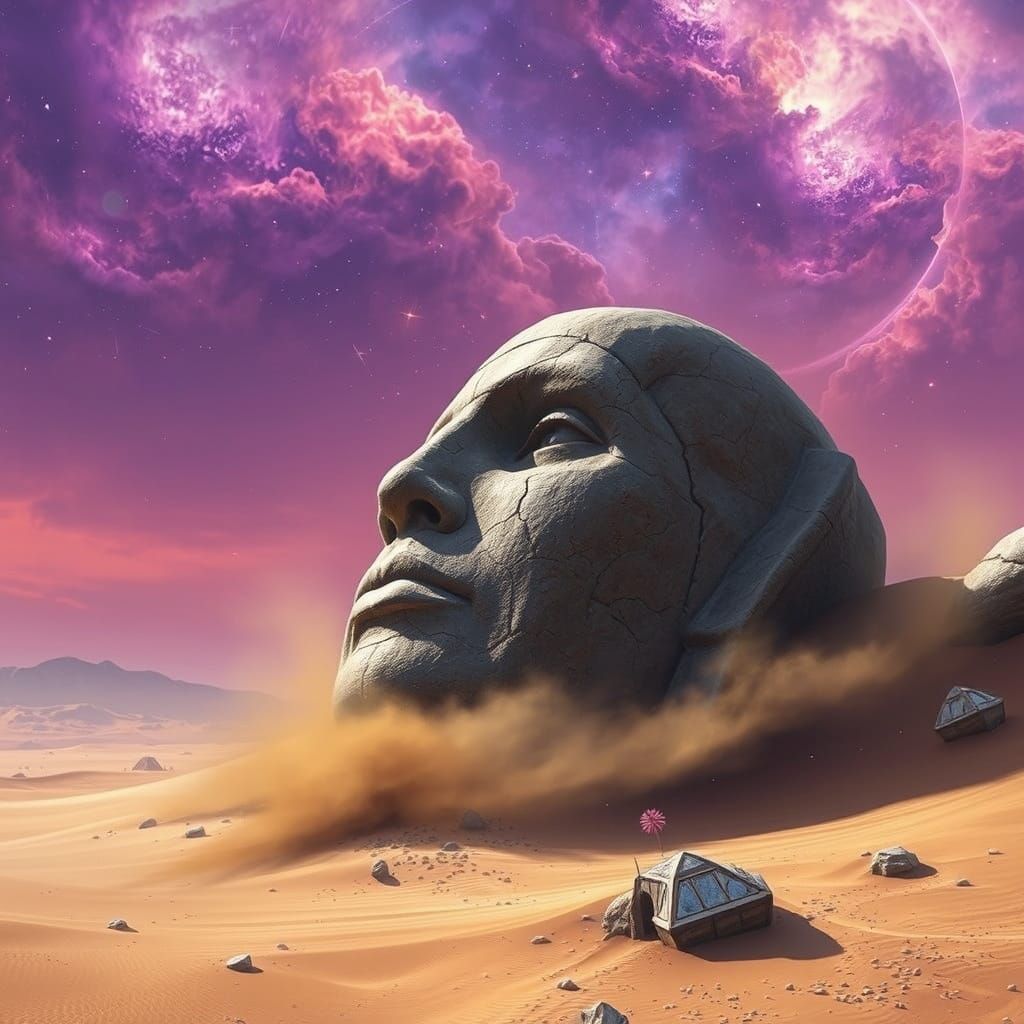 Ancient Alien Head in Desert Under Nebula Sky