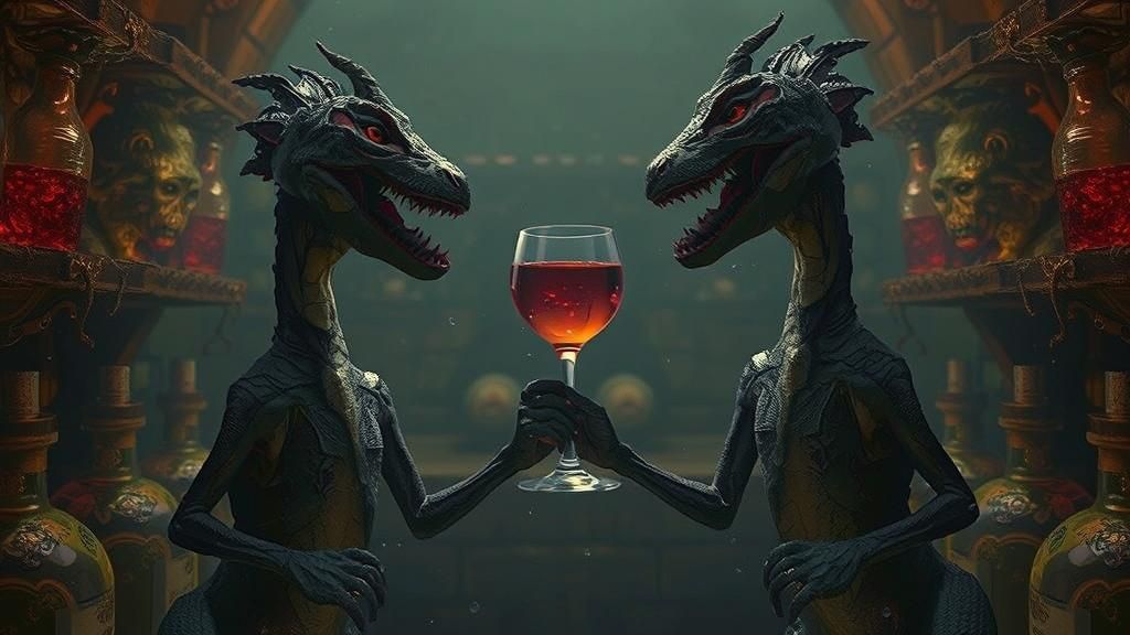 Demonic Dinosaurs Toast in Mystical Wine Cellar