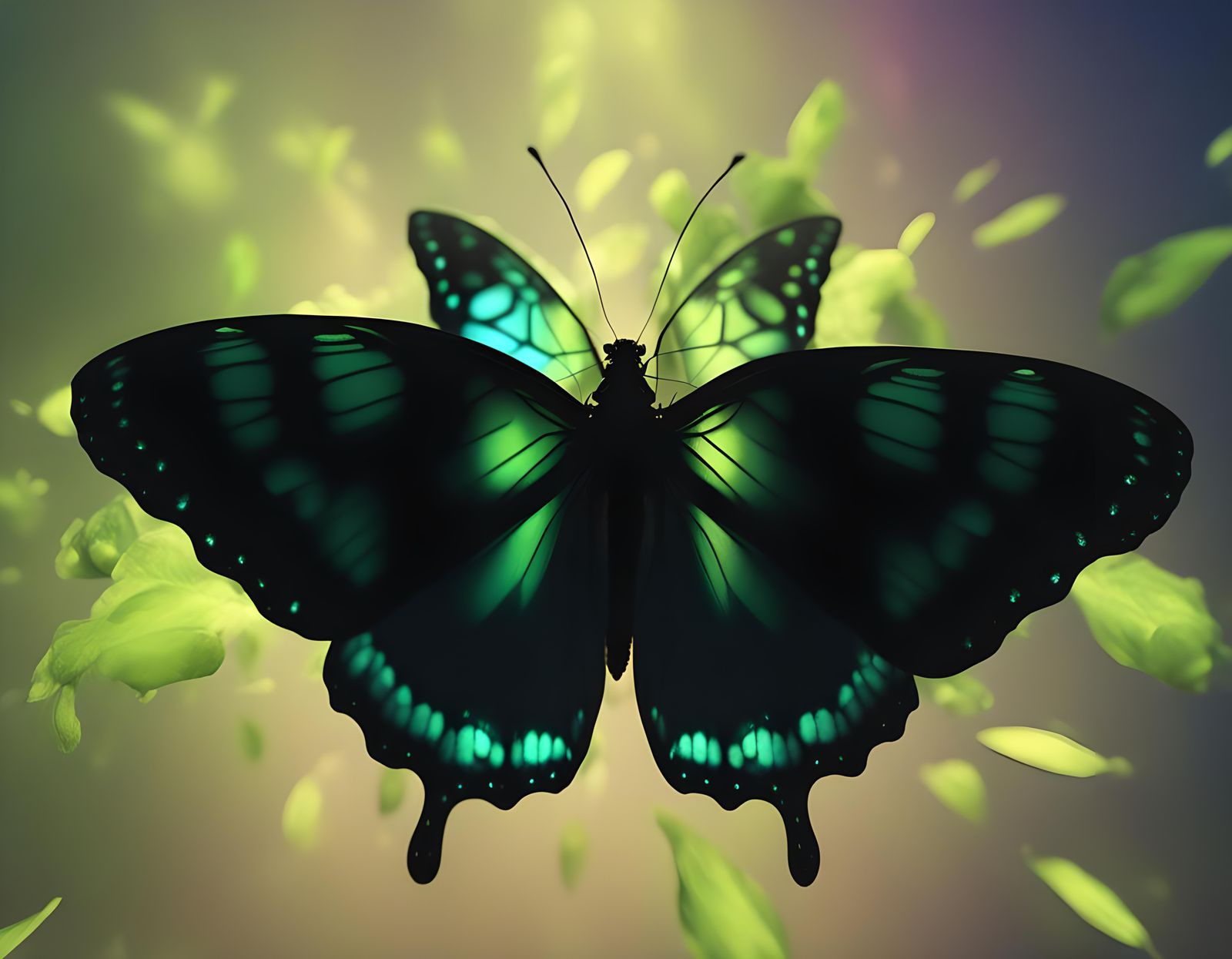 Beautiful black butterfly with iridescent green accents& realistic vibes& hyperdetailed intricately detailed trending on...