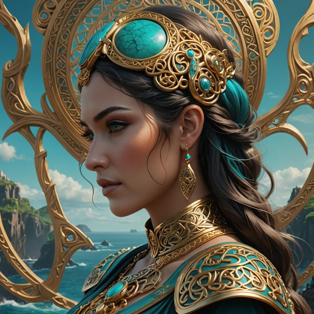 Celtic Woman Portrait with Gold and Turquoise Accents