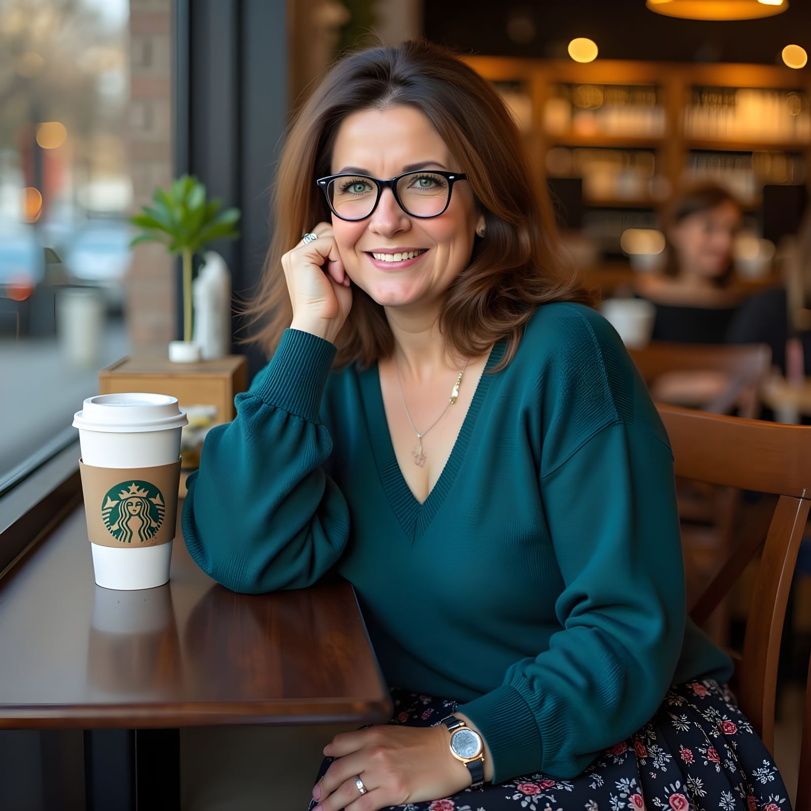 Friendly Woman at Starbucks in Golden Hour Lighting