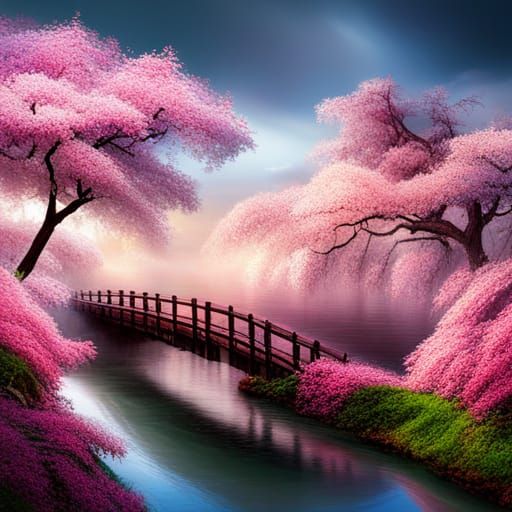 Cinematic Cherry Blossom Bridge in Ethereal Digital Art