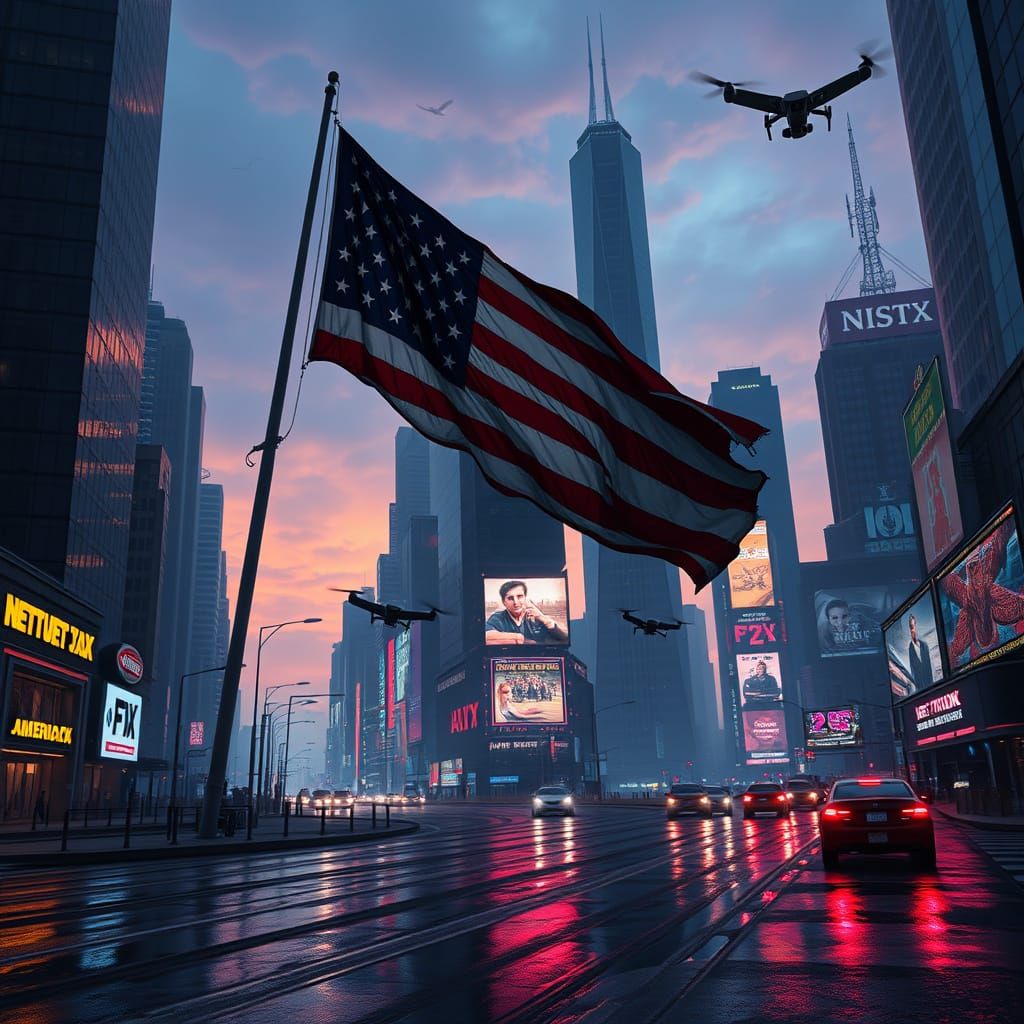 Cyberpunk Cityscape Under Neon Stars and Stripes