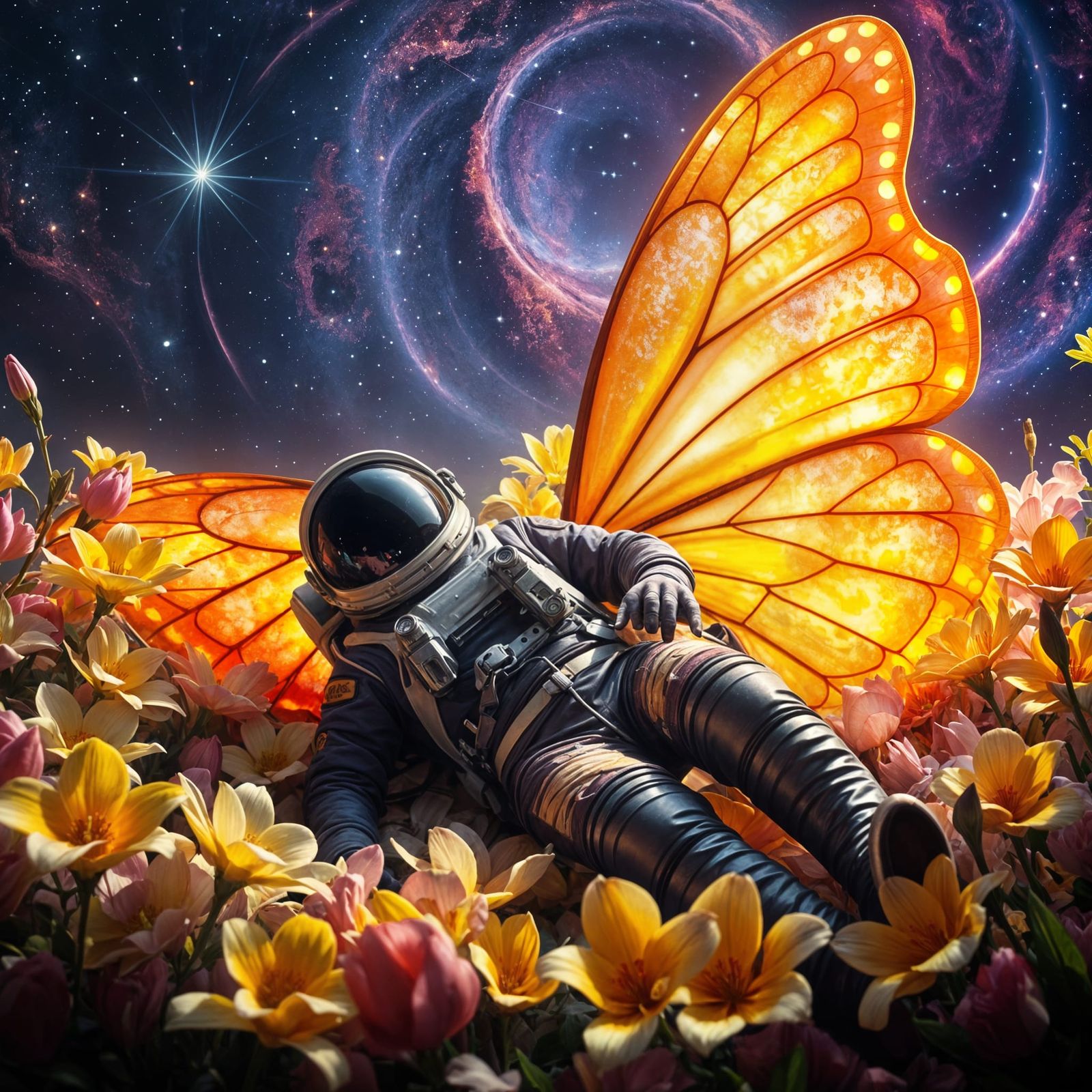 Astronaut in Whimsical Garden with Butterfly Wings