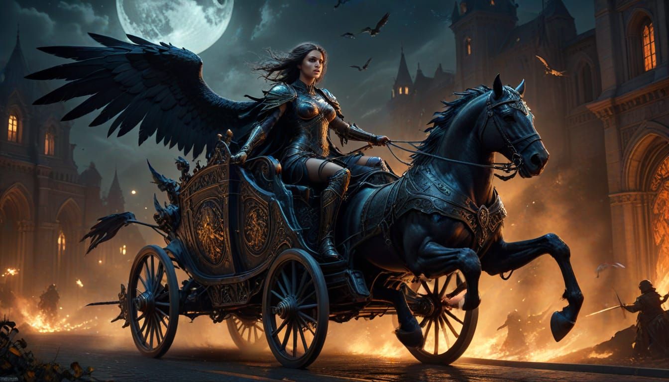 Fantasy Dark Angel Driving Chariot at Night