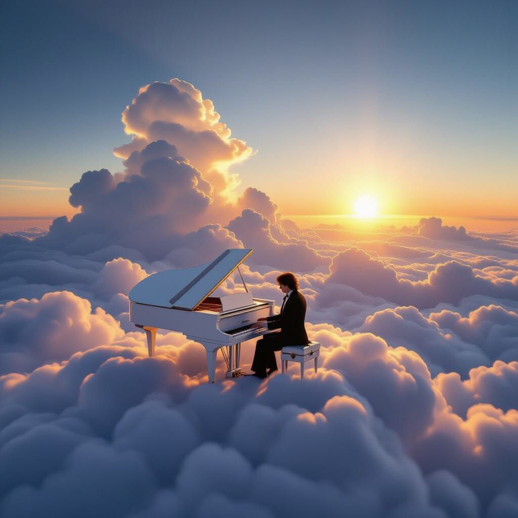 Surreal Piano Performance on Cloudtop in Golden Dawn Light