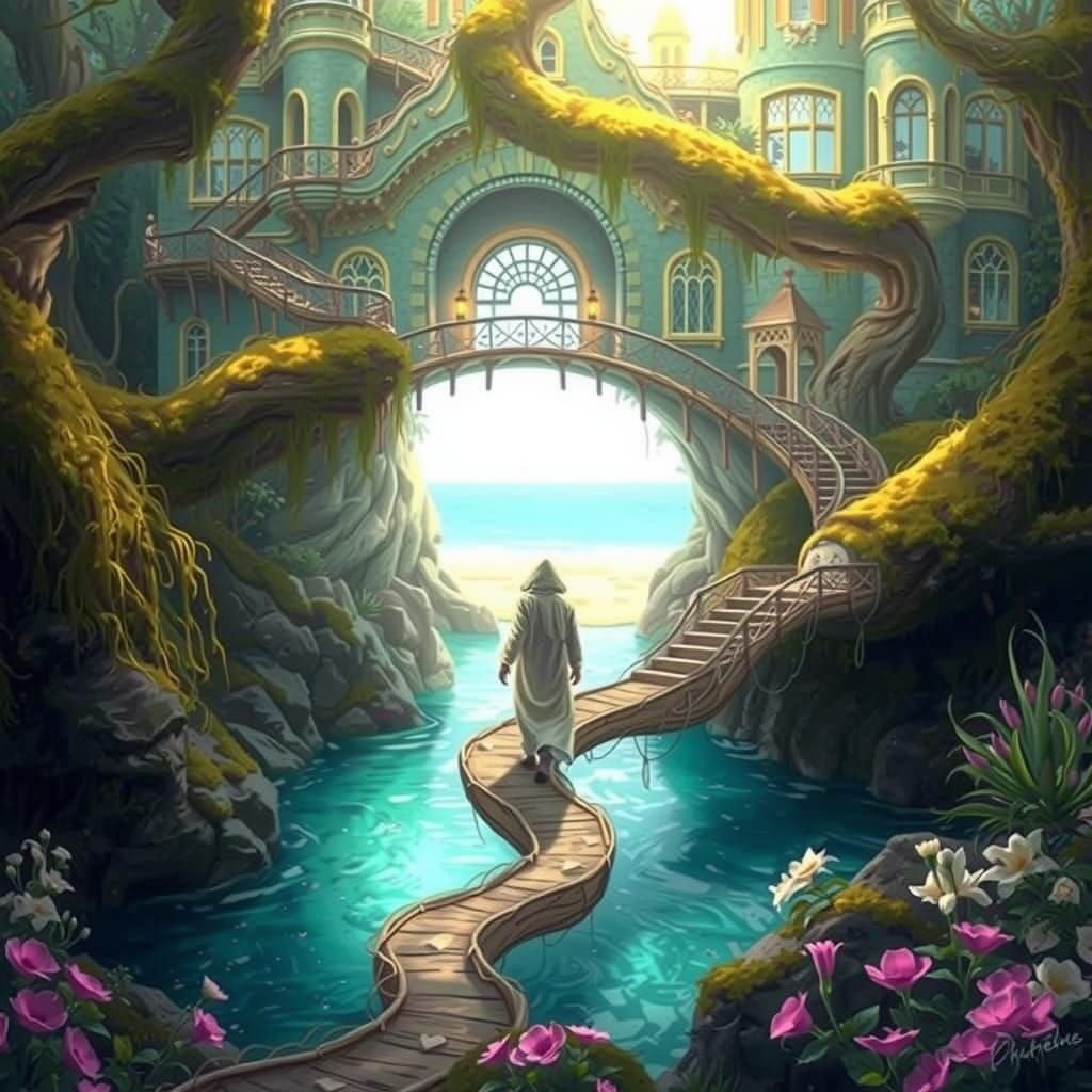 Golden Figure Walks Towards Victorian Mansion on Ancient Tre...