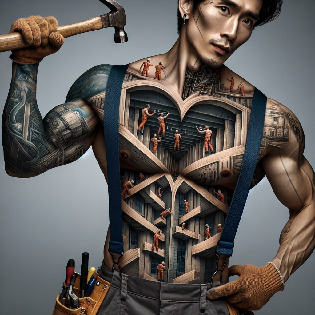 Construction Worker with Surreal Tattoo Portrait in 8k