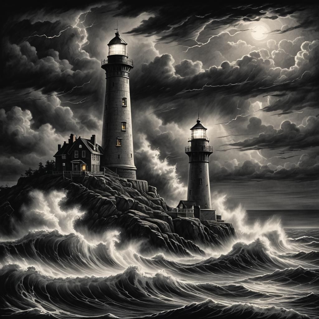 Dramatic Lighthouse on Stormy Coast: Charcoal Drawing