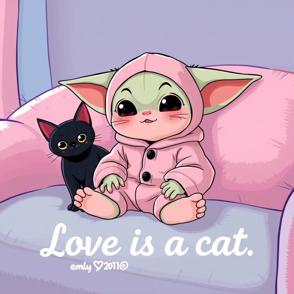 Baby Yoda and Black Cat in Anime Style
