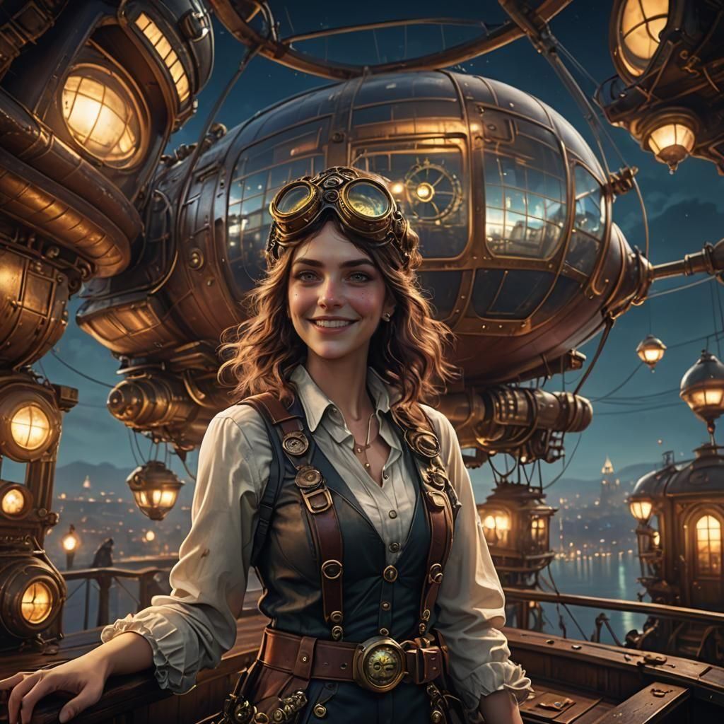 Steampunk Girl on Blimp Deck at Night